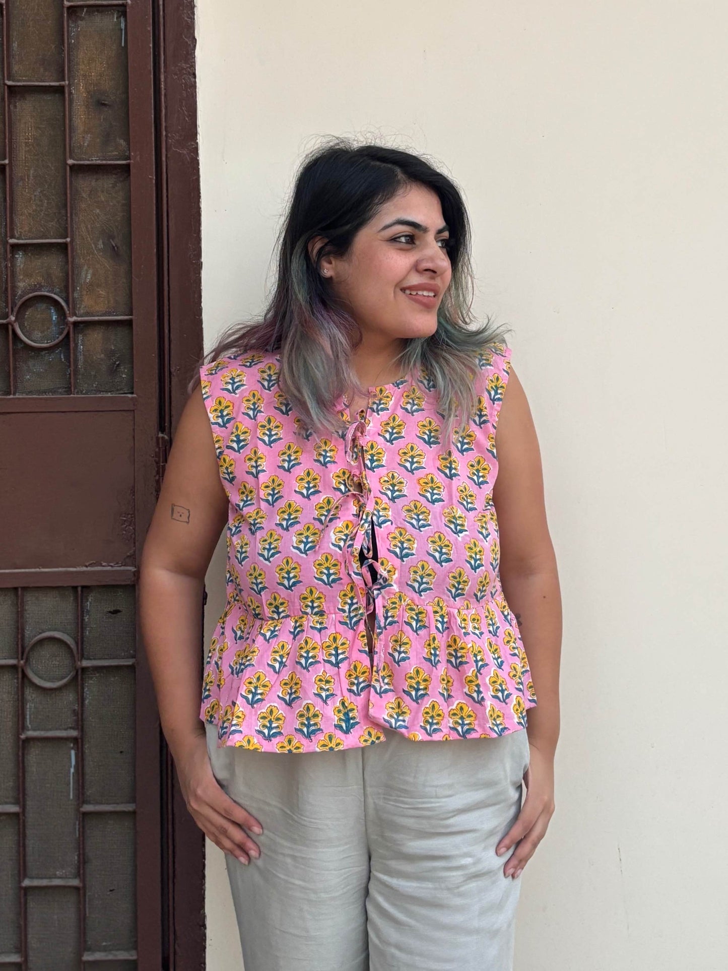 Pink Yellow Hand Block Printed Front Tie Sleeveless Top