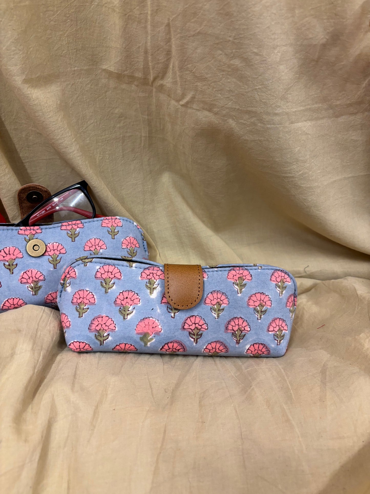 Grey Pink Hand Block Printed Eyewear Case