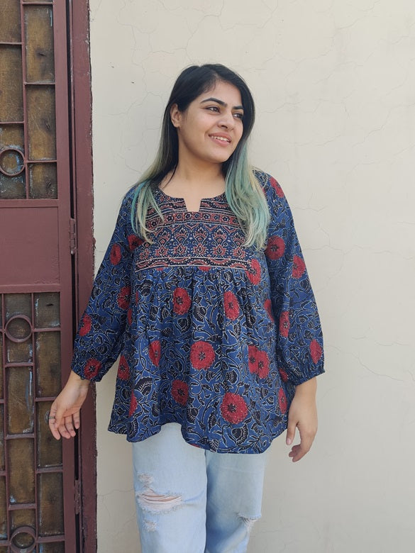 Indigo Red Ajrakh Boho Top with Back Drawstring