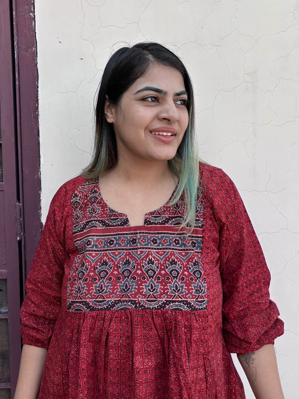 Red Ajrakh Boho Top with Back Drawstring