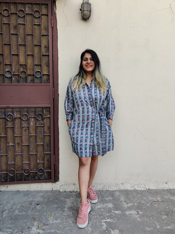 Teal Pink Hand Block Printed Comfort Fit Knee Length Shirt Dress with Side Belt
