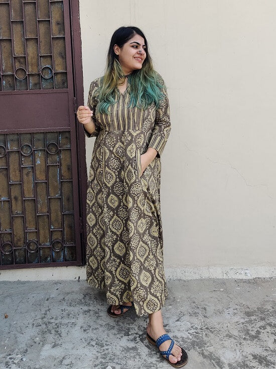 Aadrika Ajrakh A line Maxi Patch Dress