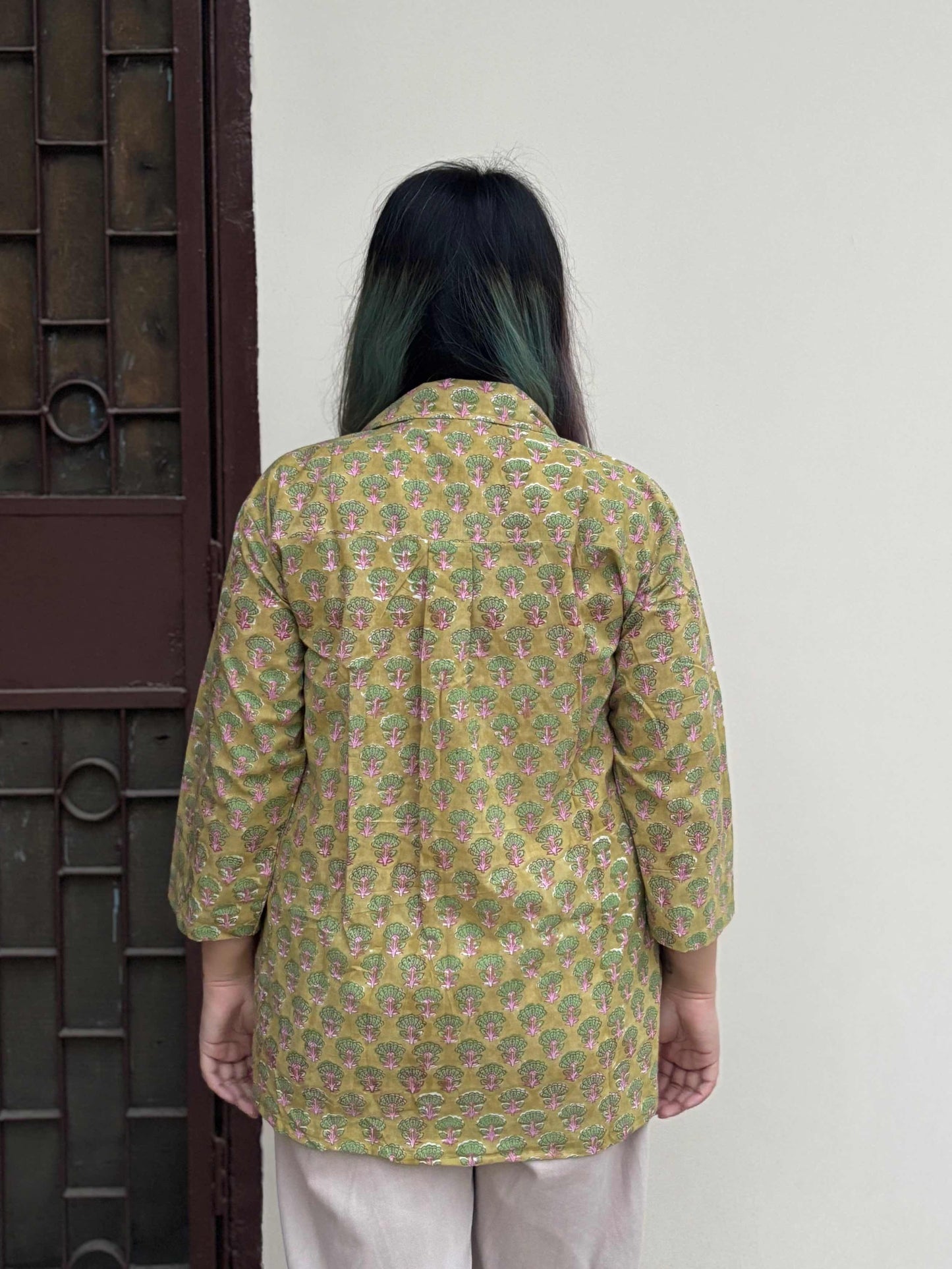 Green Pink Hand Block Printed A Line Relaxed Fit Collar Top