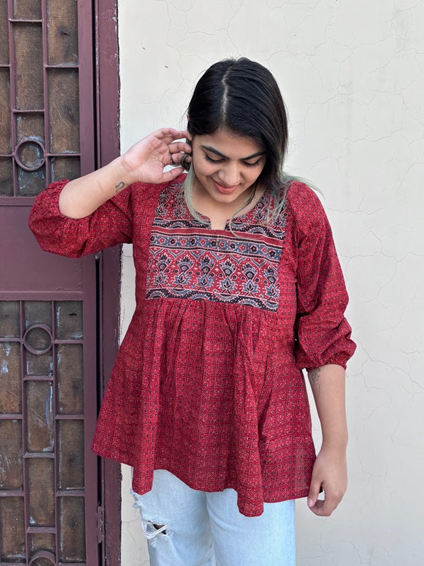 Red Ajrakh Boho Top with Back Drawstring