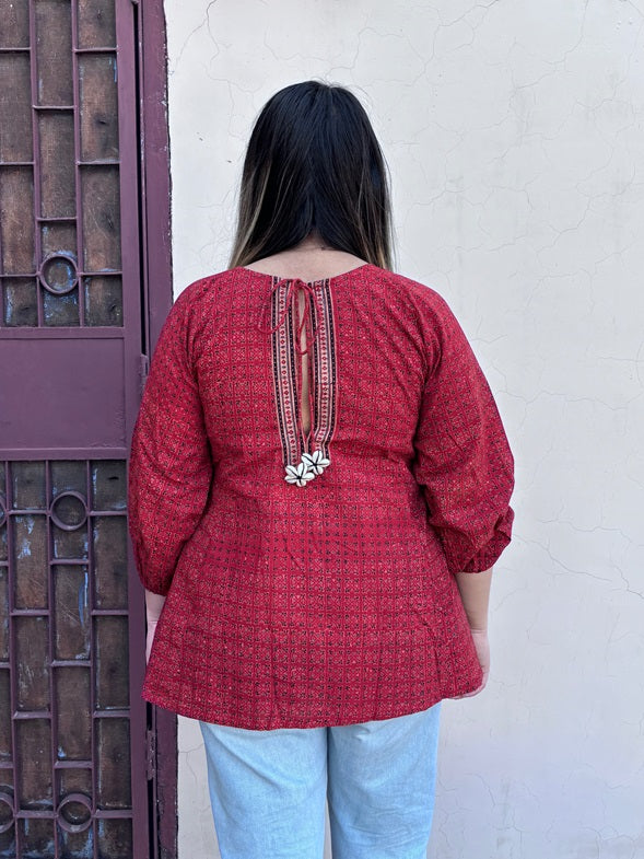 Red Ajrakh Boho Top with Back Drawstring