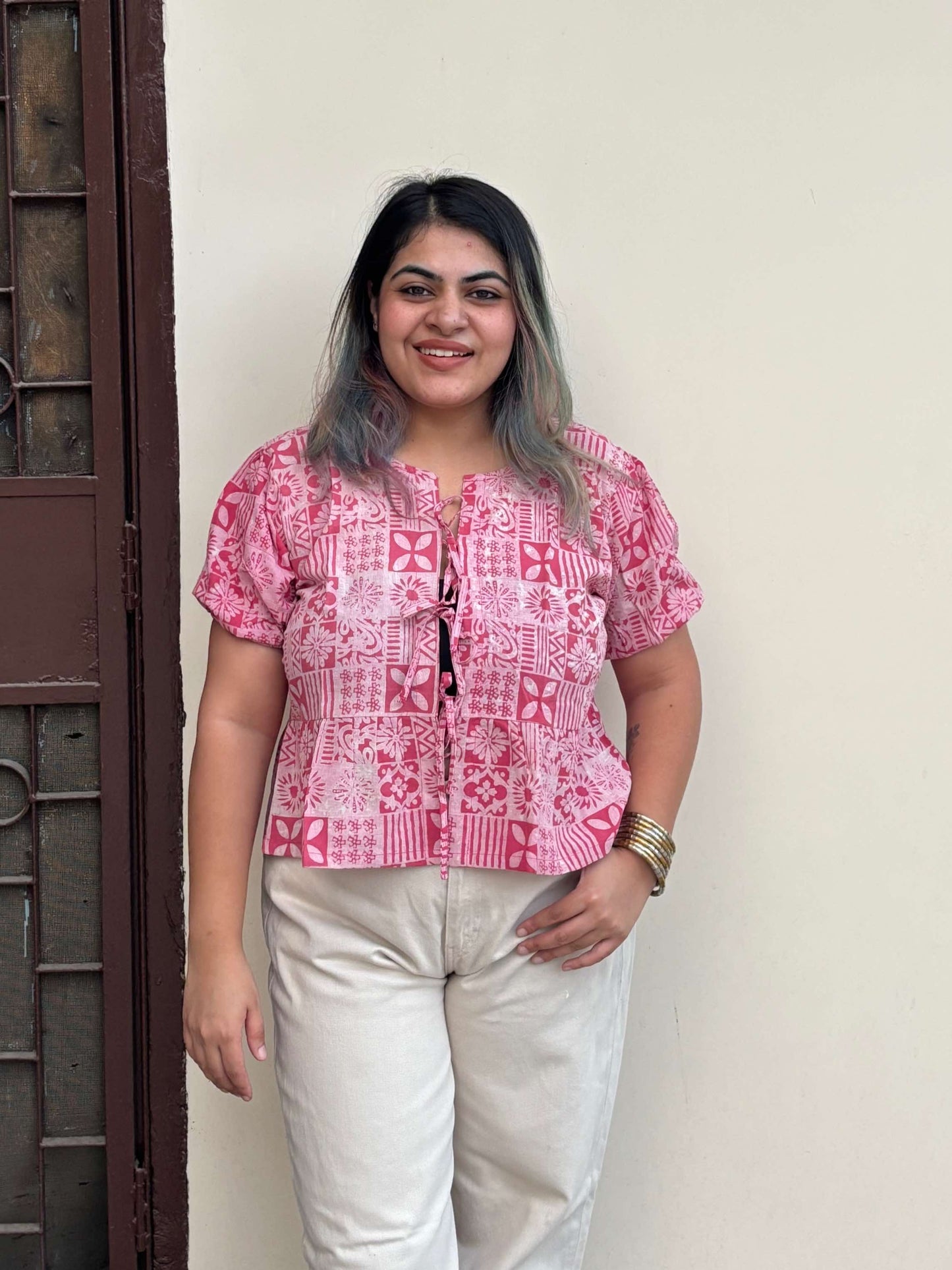 Pink Tiles Hand Block Printed Front Tie Top with Sleeves
