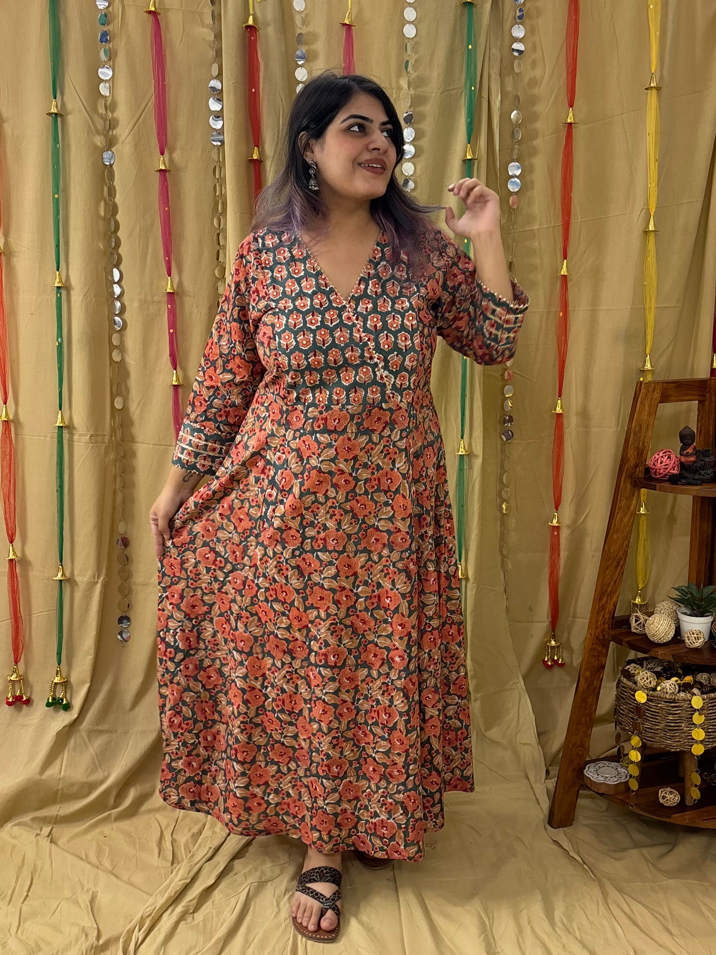 Naaz Hand Block Printed A Line Maxi Patch Dress with Hand Embroidery