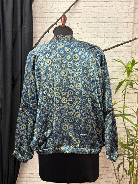 Indigo Green Ajrakh Mashru Silk Unisex Bomber Jacket