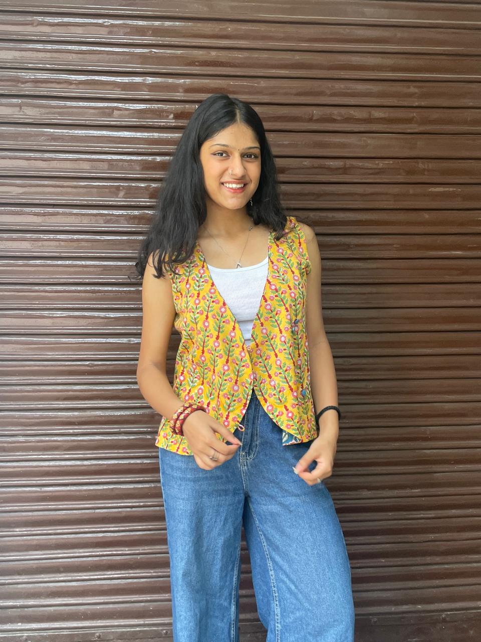 Yellow Blue Hand Block Printed Reversible Waistcoat