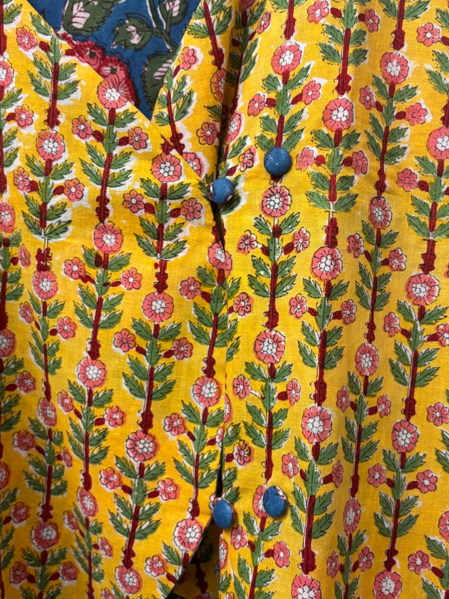 Yellow Blue Hand Block Printed Reversible Waistcoat