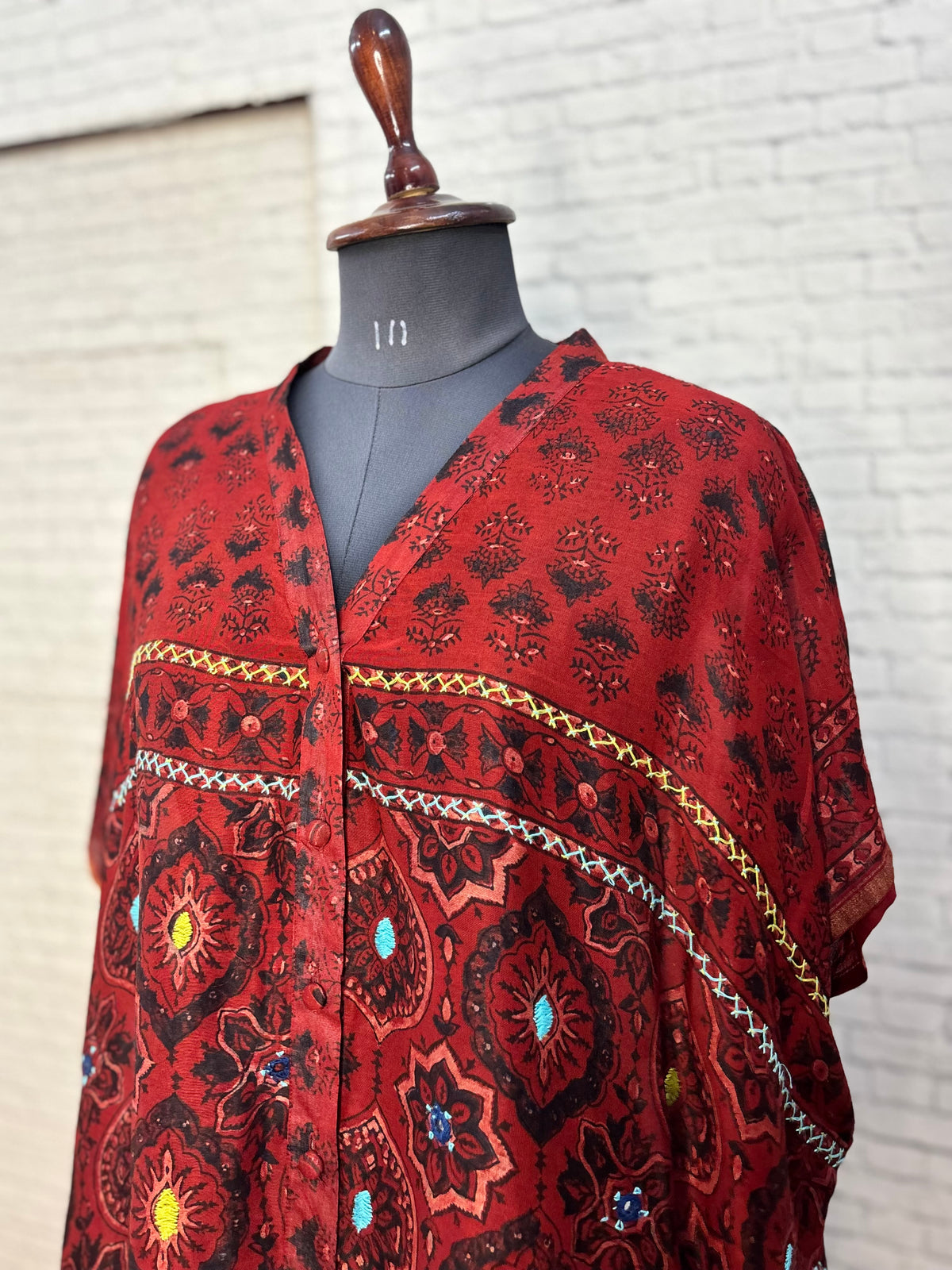 Red Ajrakh Chanderi Shirt Kaftan with Hand Embroidery