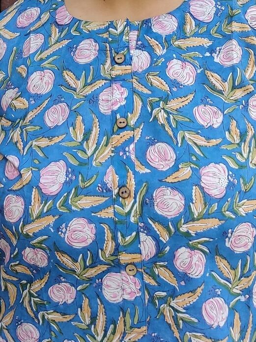 Blue Pink Floral Hand Block Printed Short Kurti