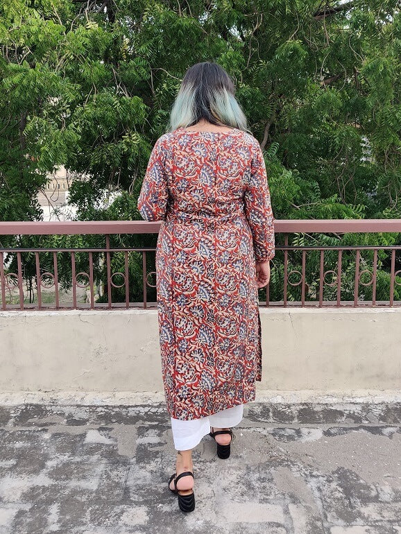 Red Kalamkari Hand Block Printed Cotton Long Kurta