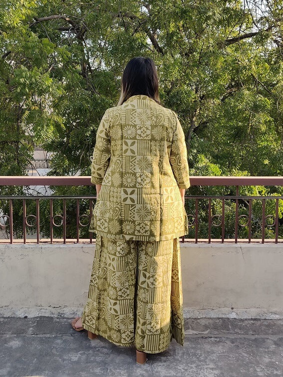 Olive Hand Block Printed Culottes and Shrug Coordinated Set