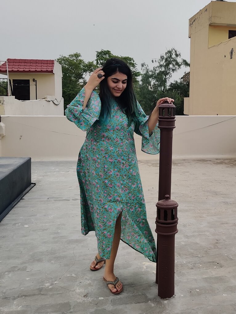 Pink Peonies Hand Block Printed Asymmetrical Dress with Side Slit