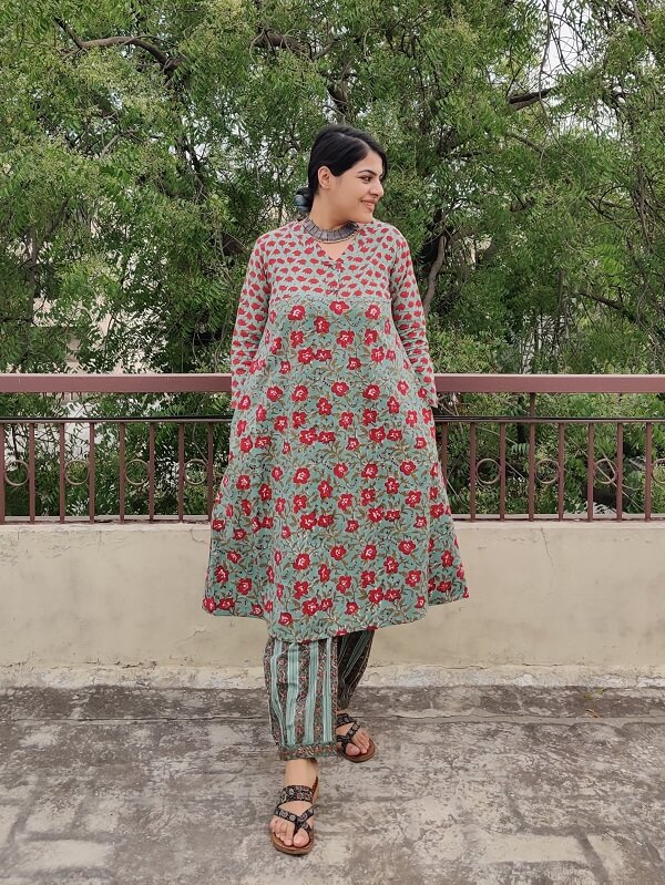Hibiscus Hand Block Printed Cotton Kurta Set with Afghani Pants