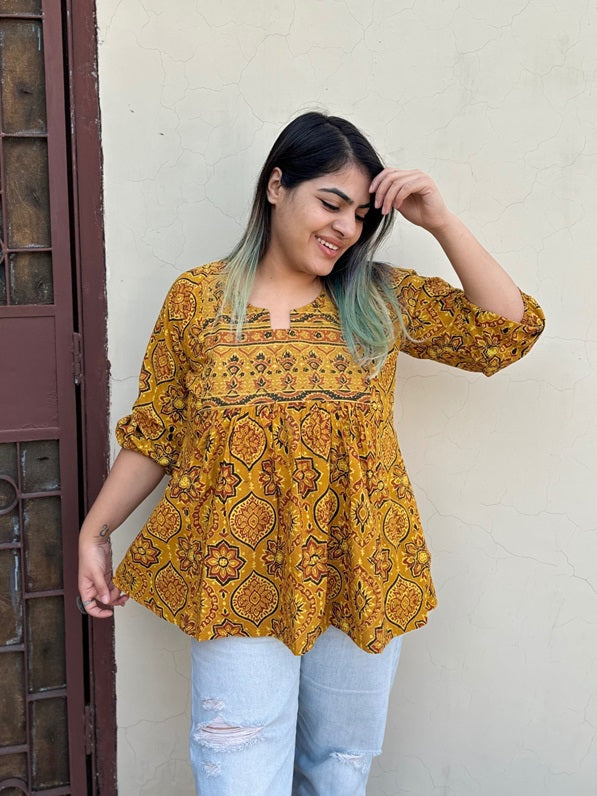 Yellow Ajrakh Boho Top with Back Drawstring