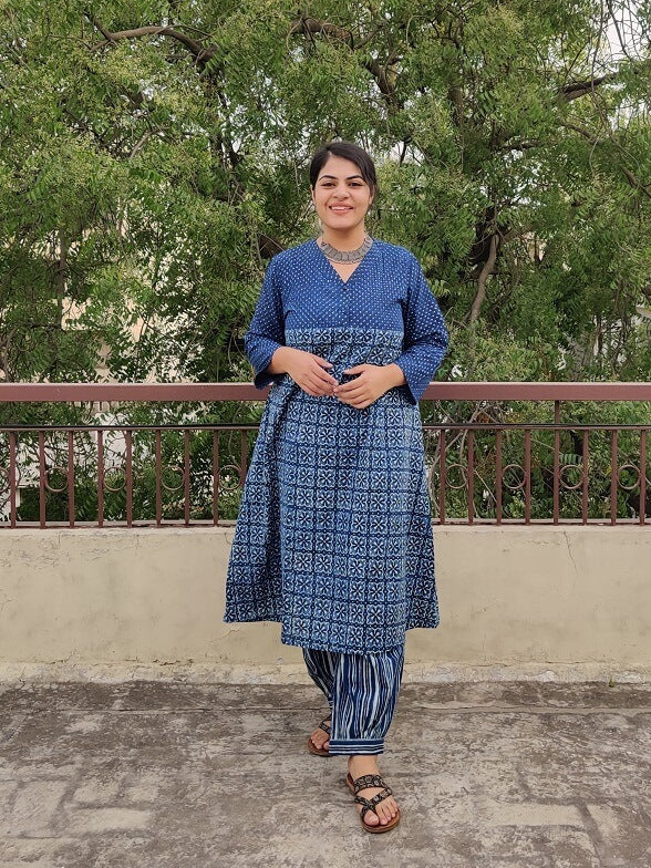 Saagarika Hand Block Printed Cotton Kurta Set with Afghani Pants