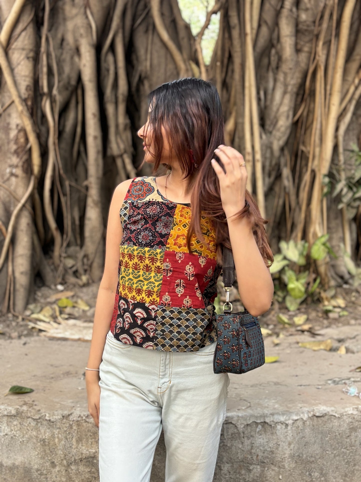 Ajrakh Multi Colour Patch Work Sleeveless Crop Top