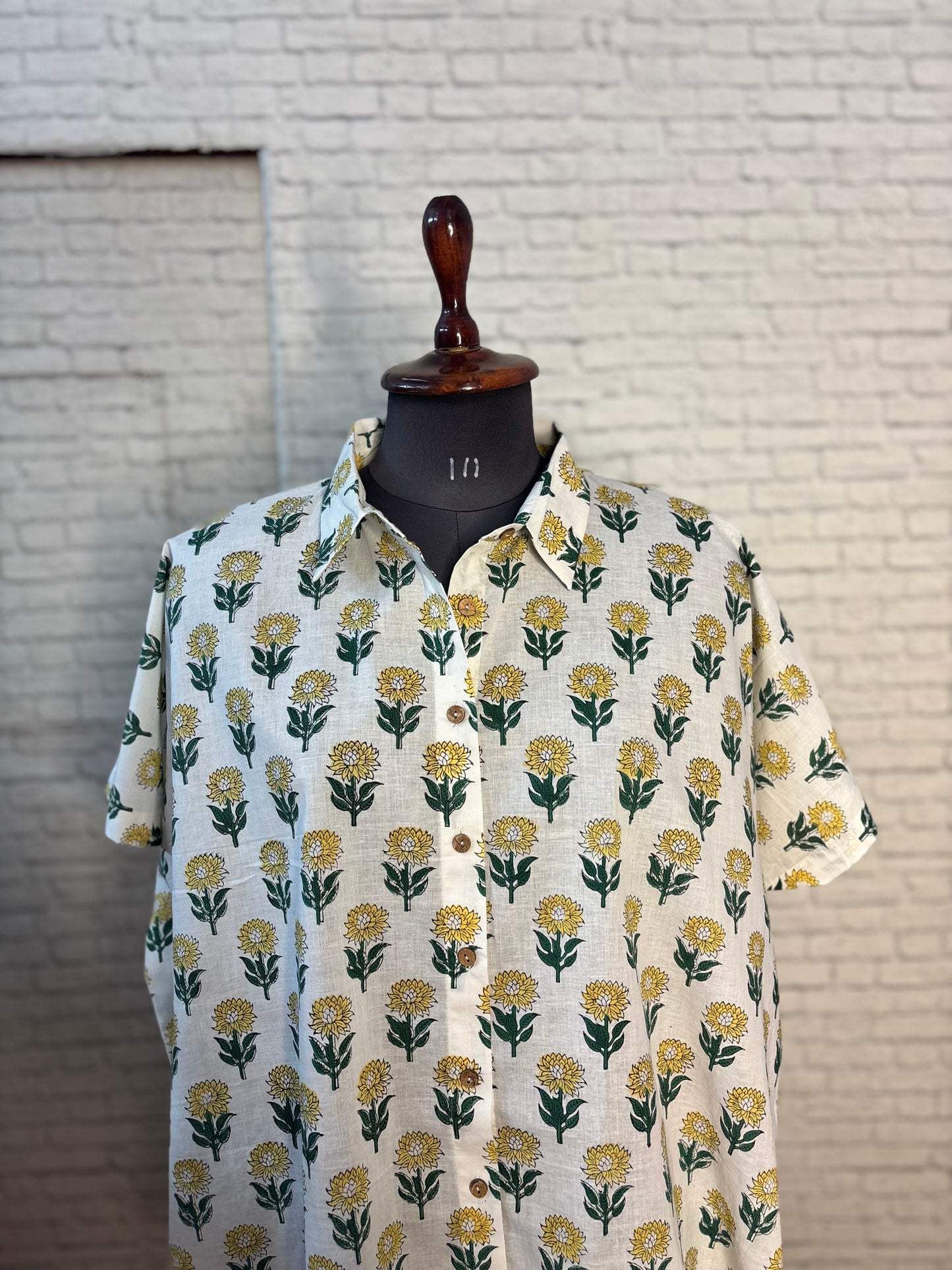 Mustard Green Cotton Hand Block Printed High-Low Shirt Kaftan
