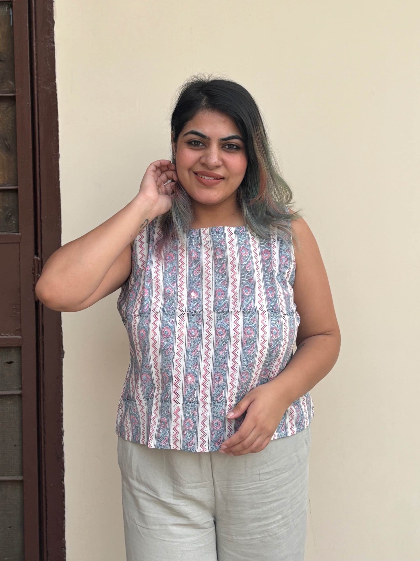 Grey Pink Hand Block Printed Sleeveless Crop Top