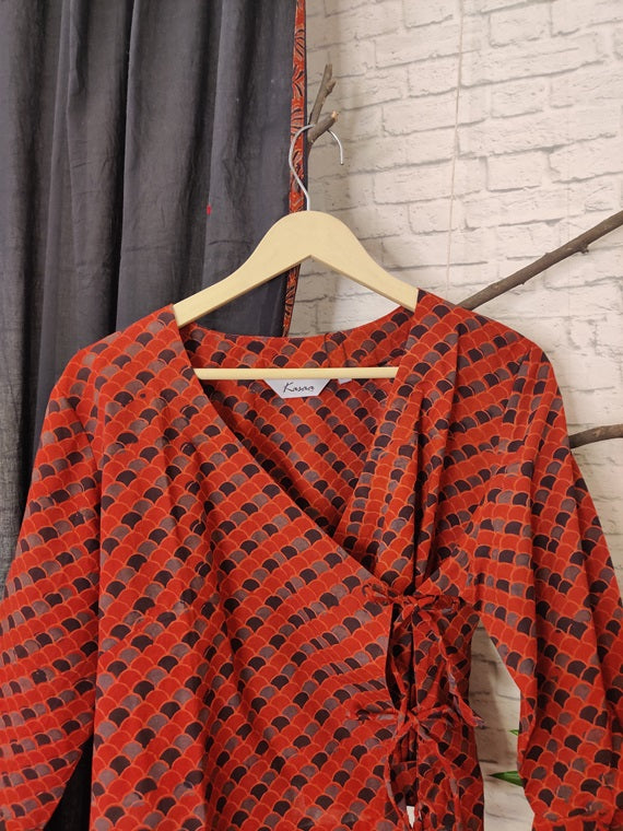 Red Fishscale Ajrakh Hand Block Printed Angrakha Short Top
