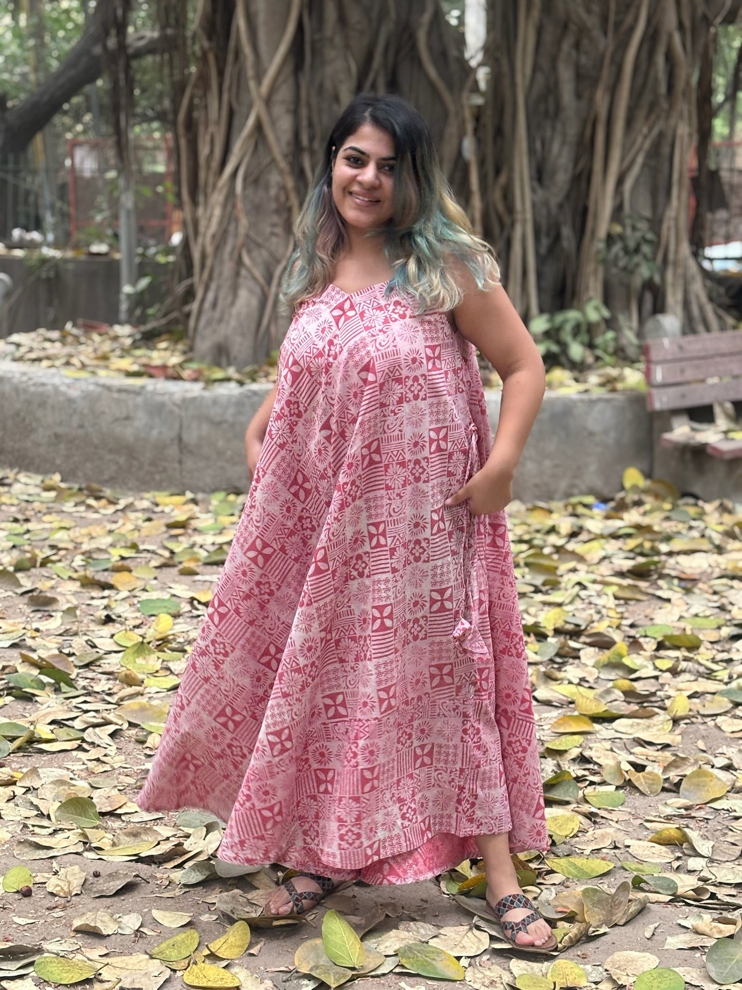 Pink Tiles Hand Block Printed Floral Flared Jumpsuit