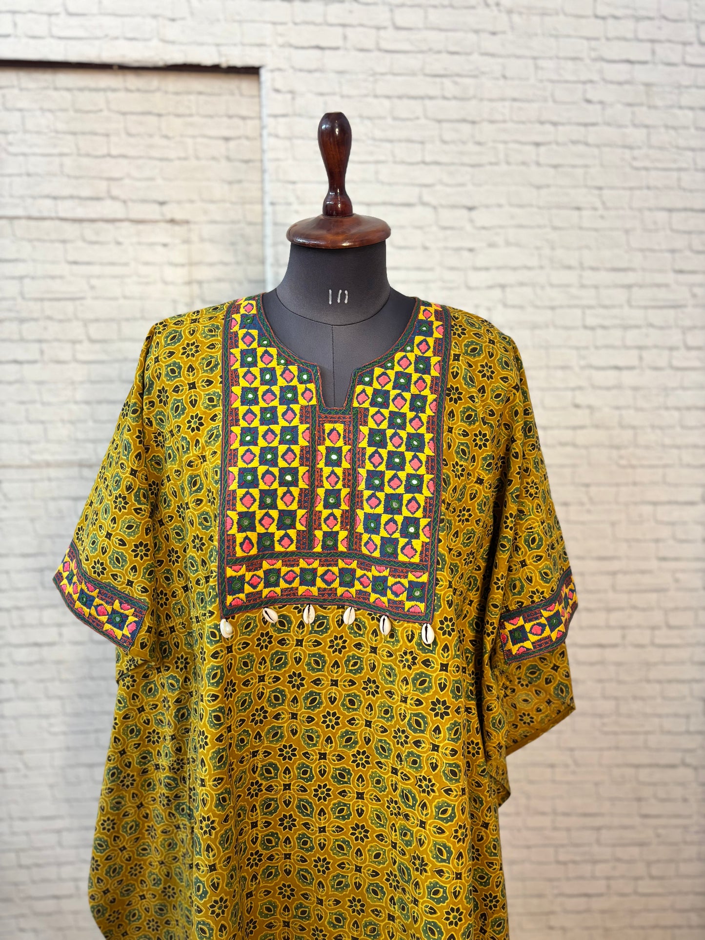 Yellow Green Ajrakh Hand Embroidered Patch Kaftan