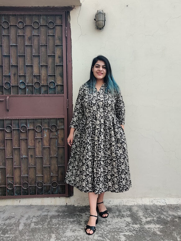 Black Kalamkari Hand Block Printed Midi Dress with Box Pleats