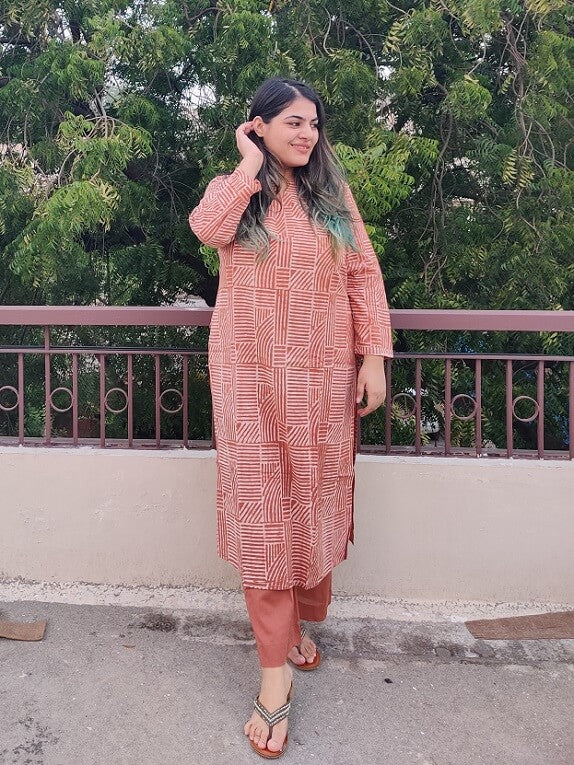 Earthy Pink Lines Handblock Printed Cotton Long Kurta