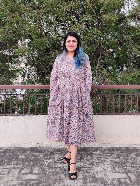 Brown Purple Floral Hand Block Printed Midi Dress with Box Pleats