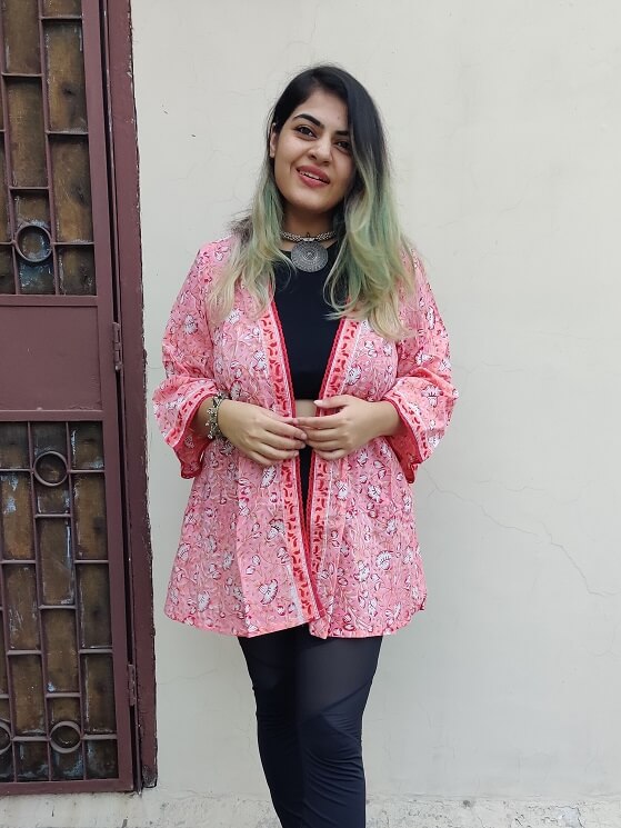Pink Red Floral Hand Block Printed Shrug Overlay with Lace Detailing