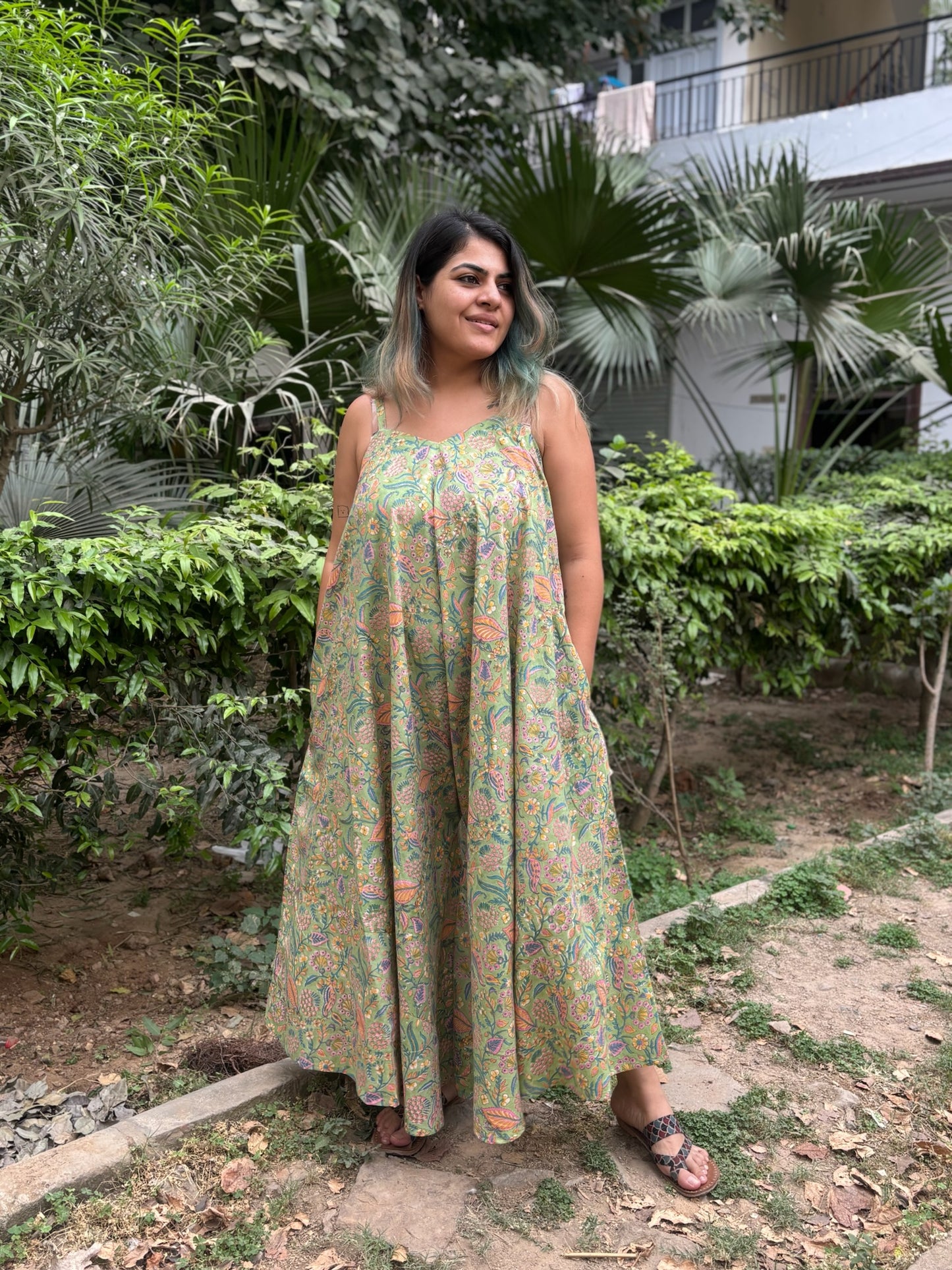 Aangan Hand Block Printed Floral Flared Jumpsuit