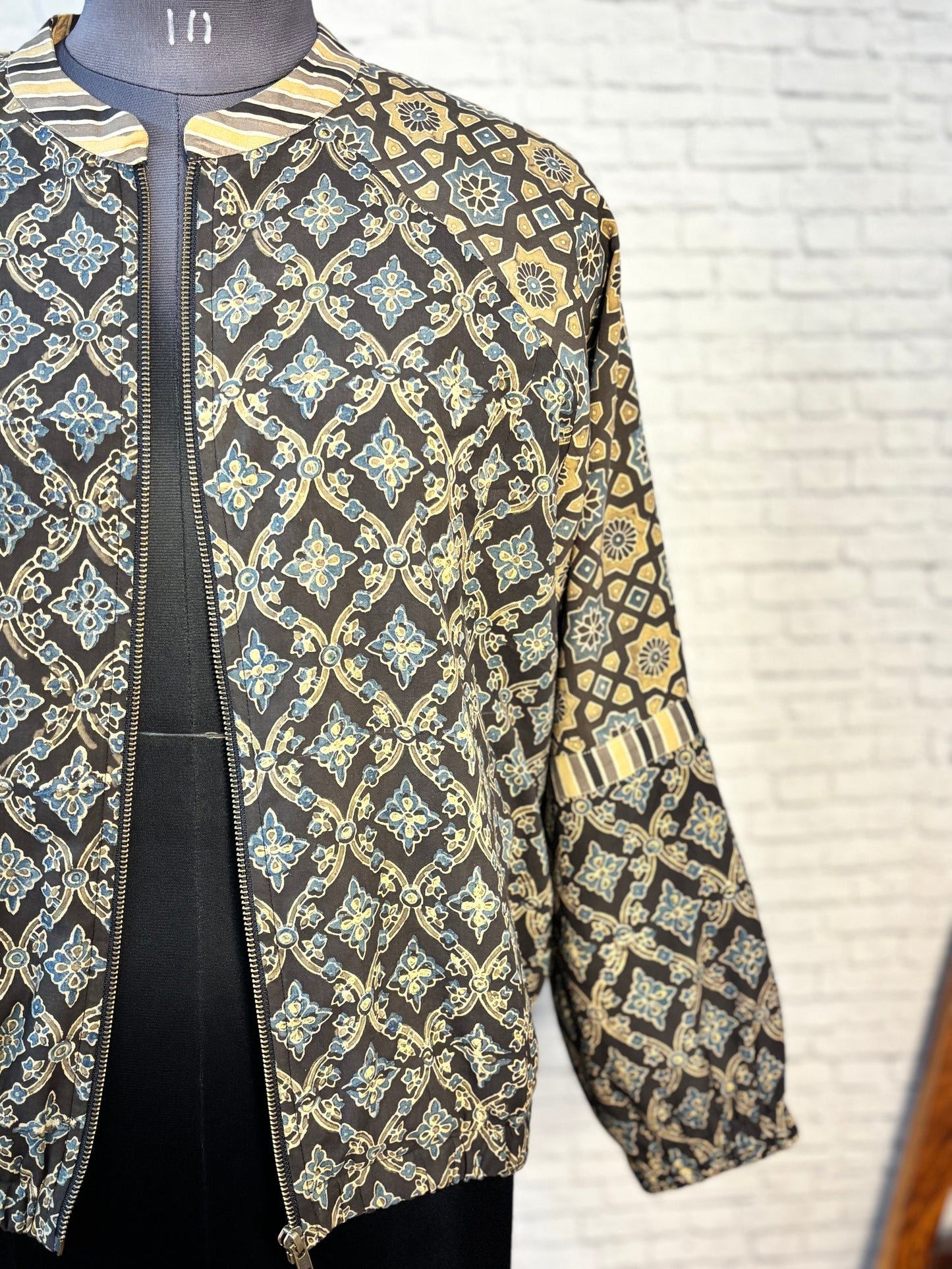 Grey Brown Hand Block Printed Unisex Bomber Jacket