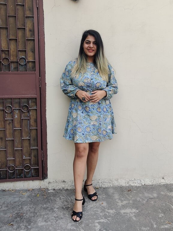 Iraa Hand Block Printed Short Dress with Flared Hem