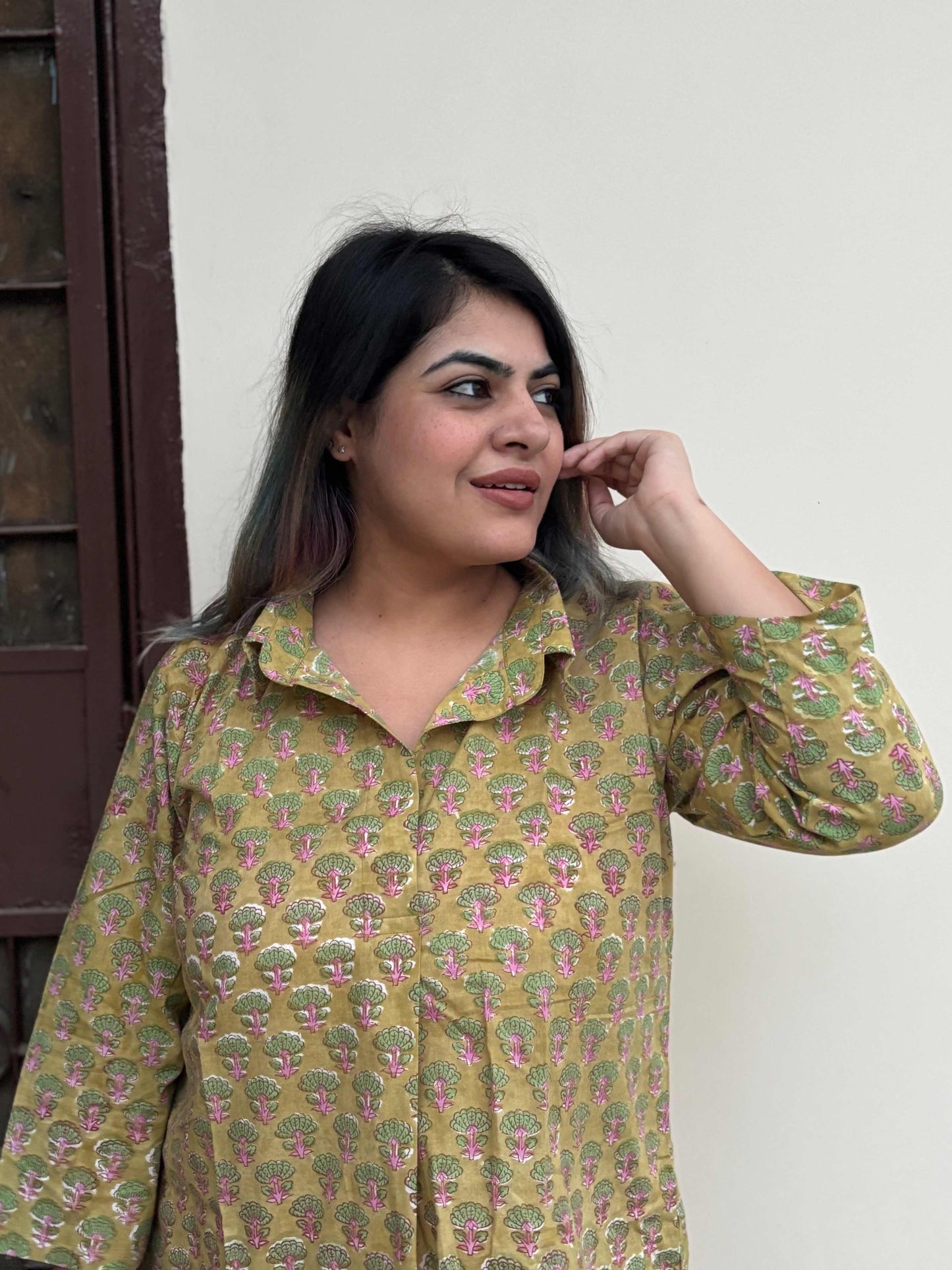 Green Pink Hand Block Printed A Line Relaxed Fit Collar Top