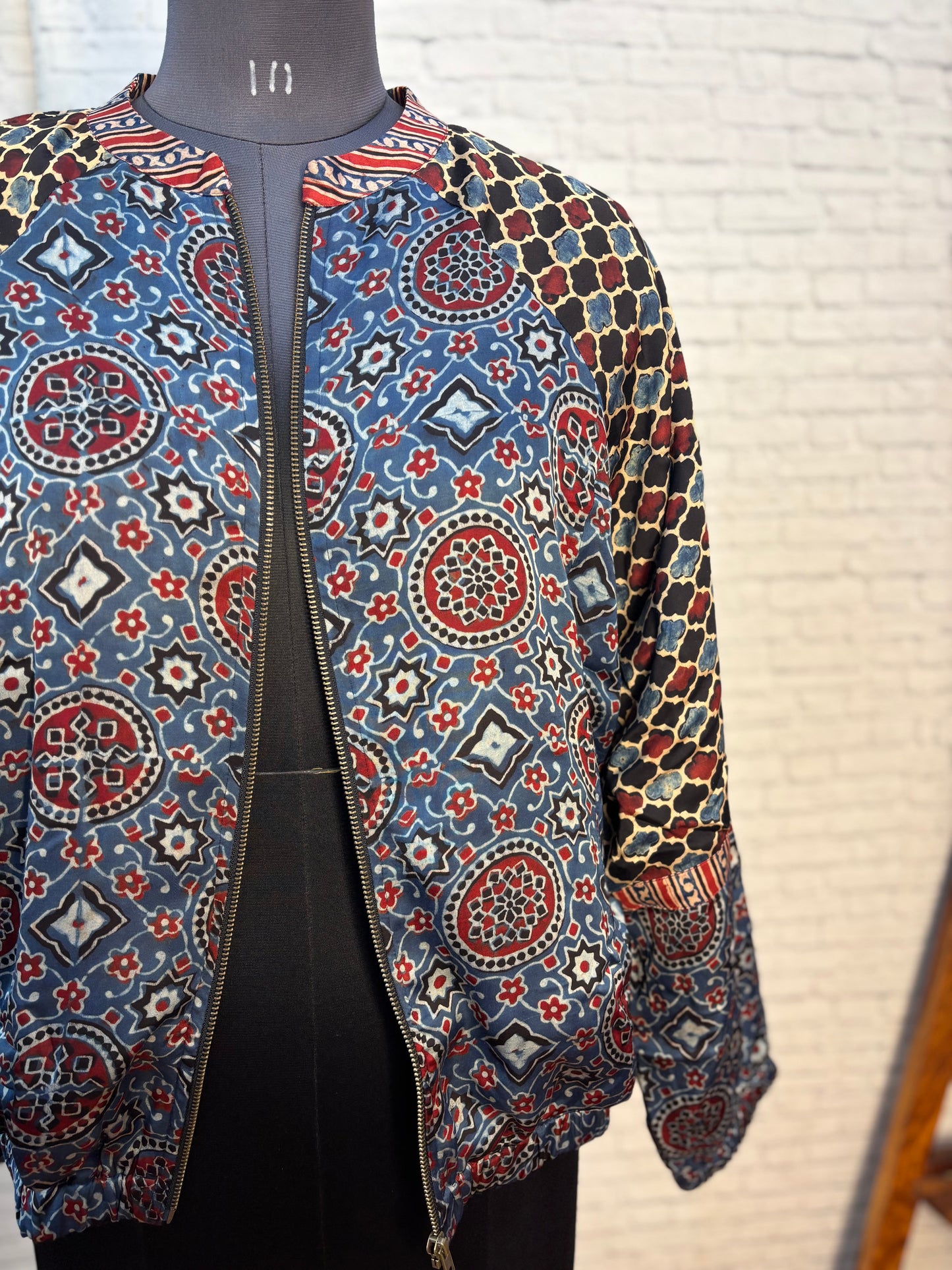 Indigo Black Modal Silk Ajrakh Unisex Bomber Jacket