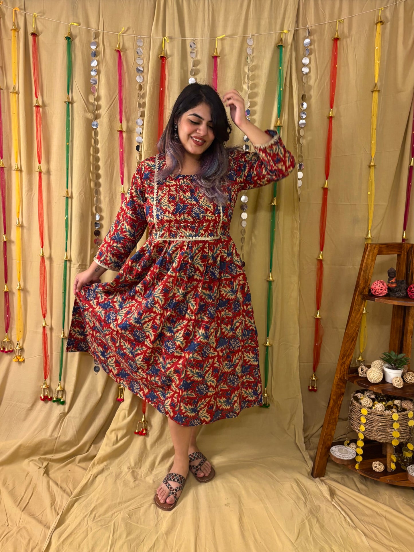 Zareen Hand Block Printed Midi Dress with Embroidered Neckline & Gota Detailing
