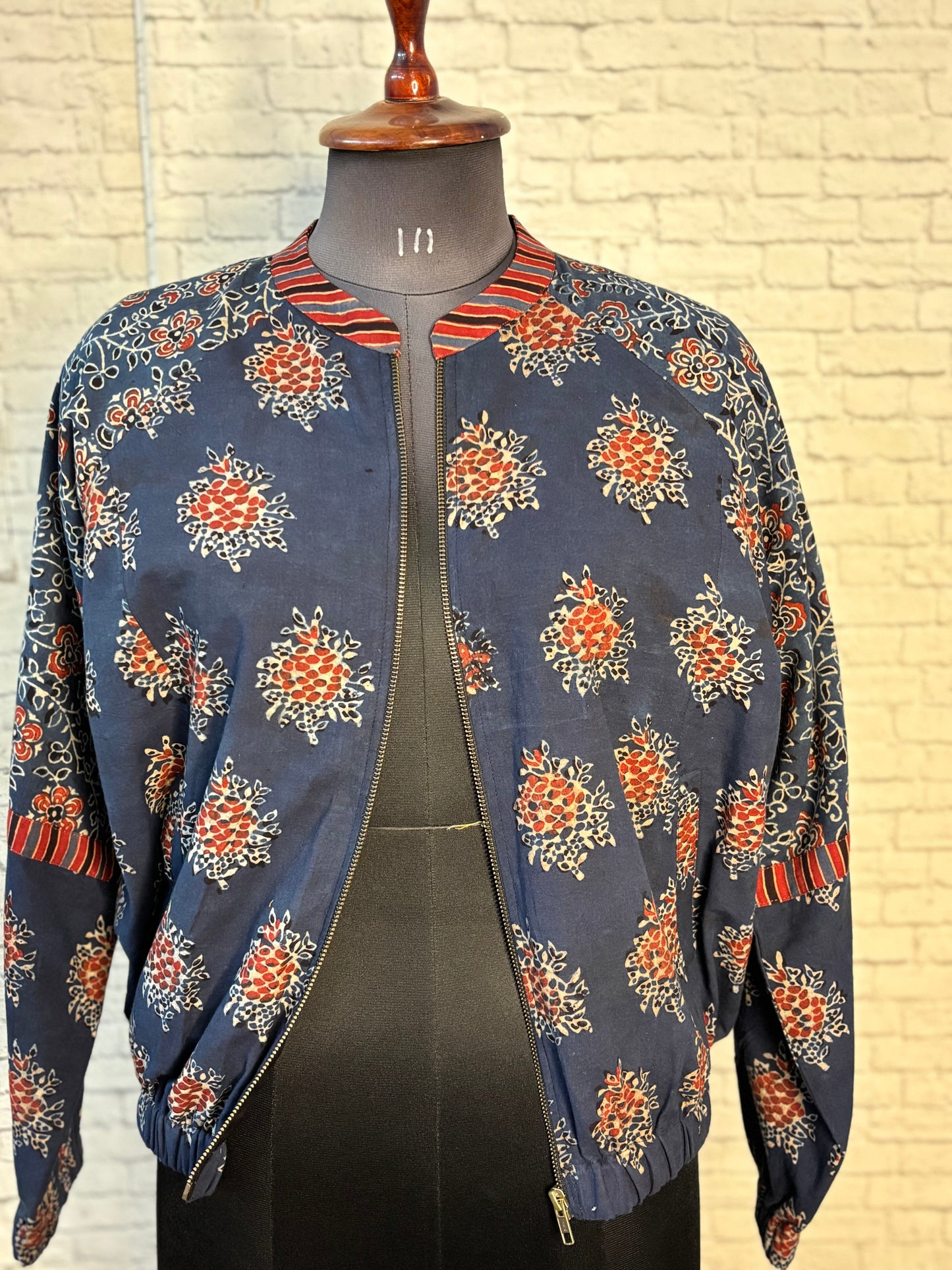 Indigo Ajrakh Hand Block Printed Unisex Bomber Jacket
