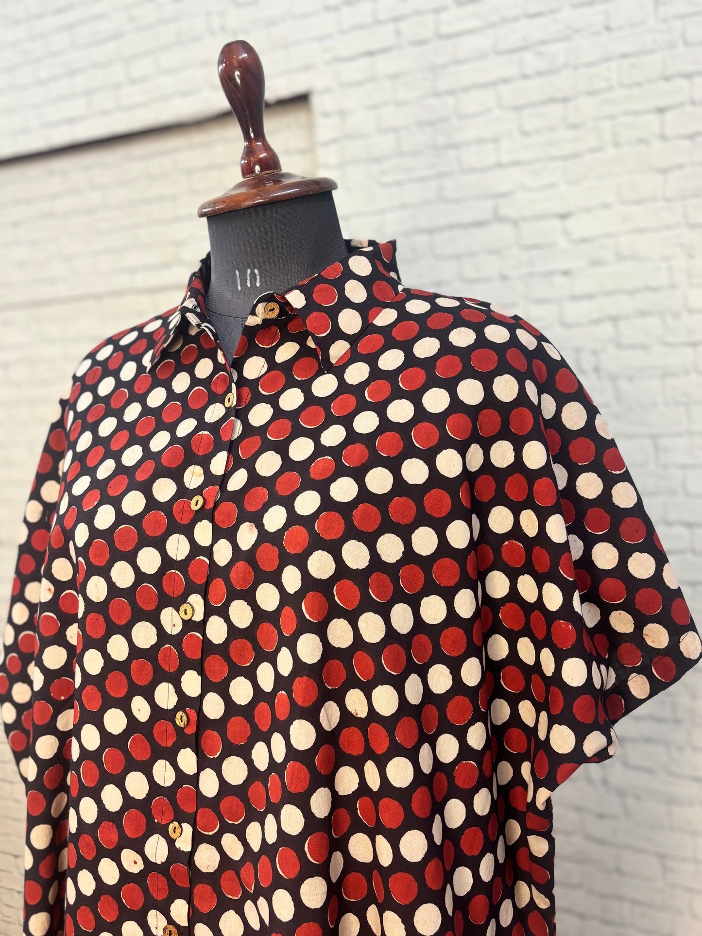 Red Black Polka Dot Cotton High Low Shirt Kaftan
