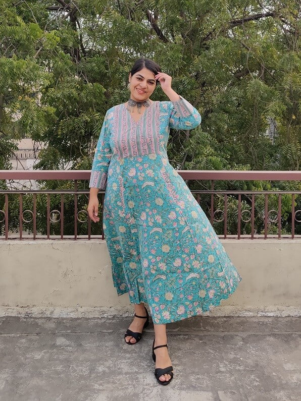Baani Hand Block Printed A Line Maxi Patch Dress