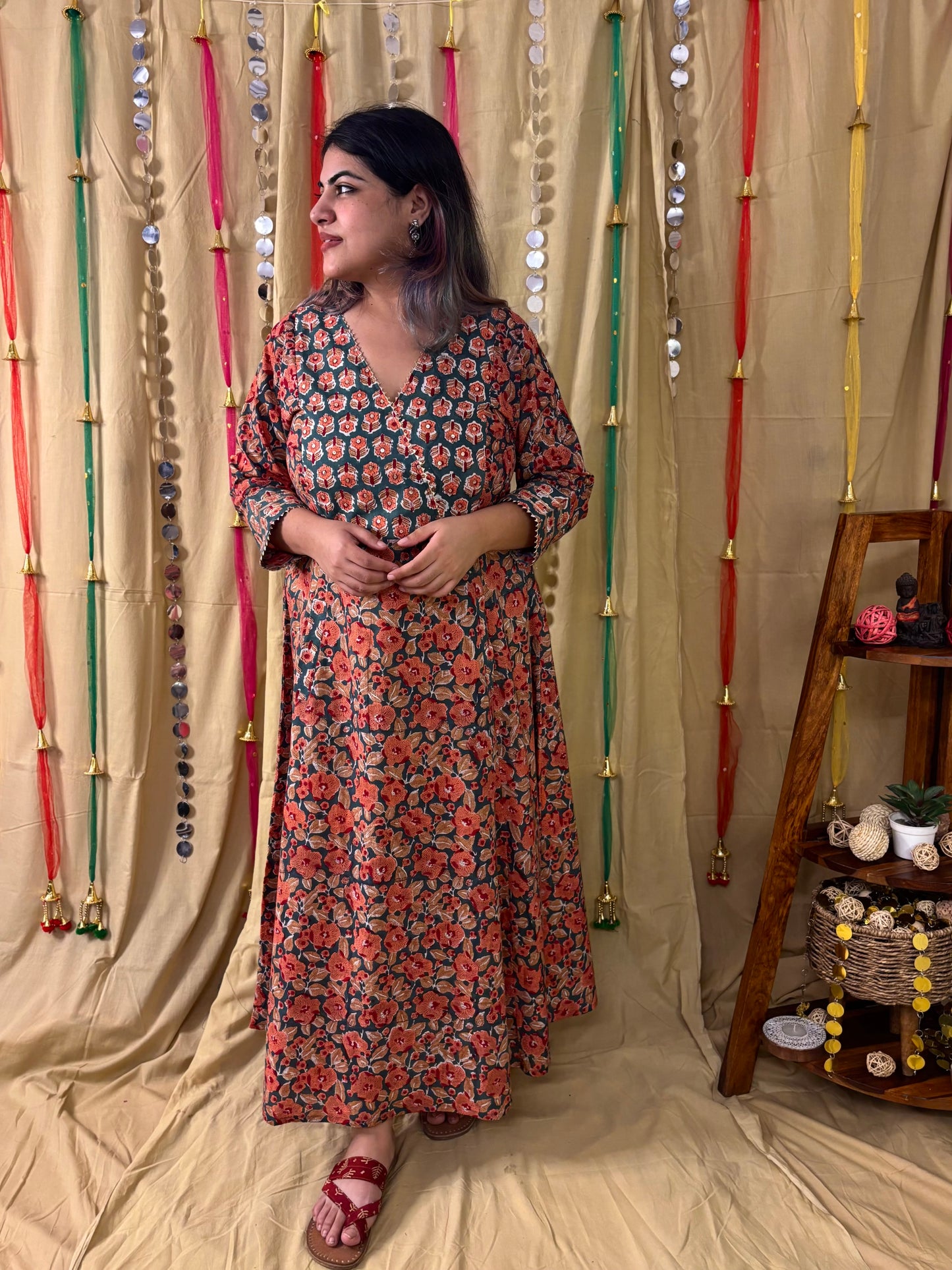 Naaz Hand Block Printed A Line Maxi Patch Dress with Hand Embroidery