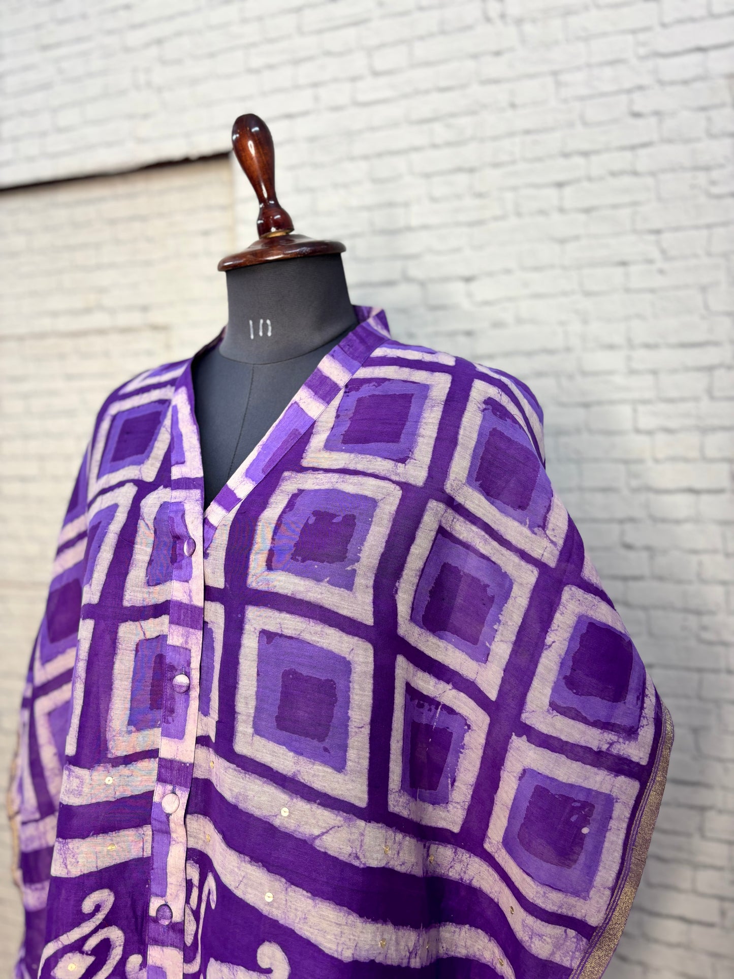 Purple Boxes Dabu Chanderi Shirt Kaftan with Sequin Detailing