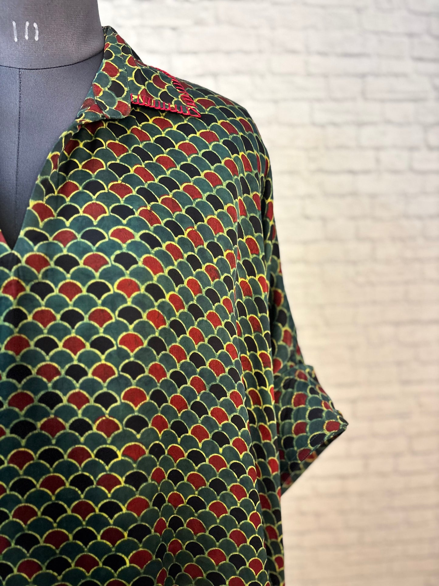 Green Red Fishscale Modal Silk Ajrakh Kaftan Top