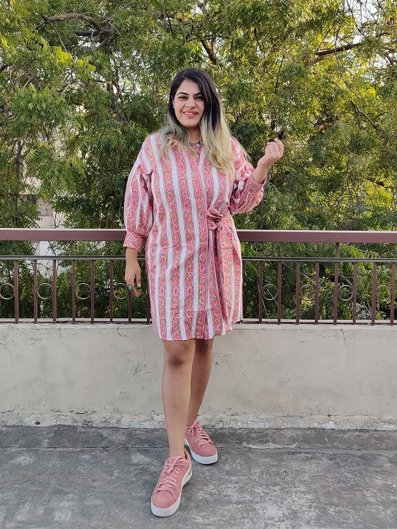 Cherry Hand Block Printed Comfort Fit Knee Length Shirt Dress with Side Belt