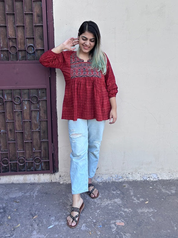 Red Ajrakh Boho Top with Back Drawstring