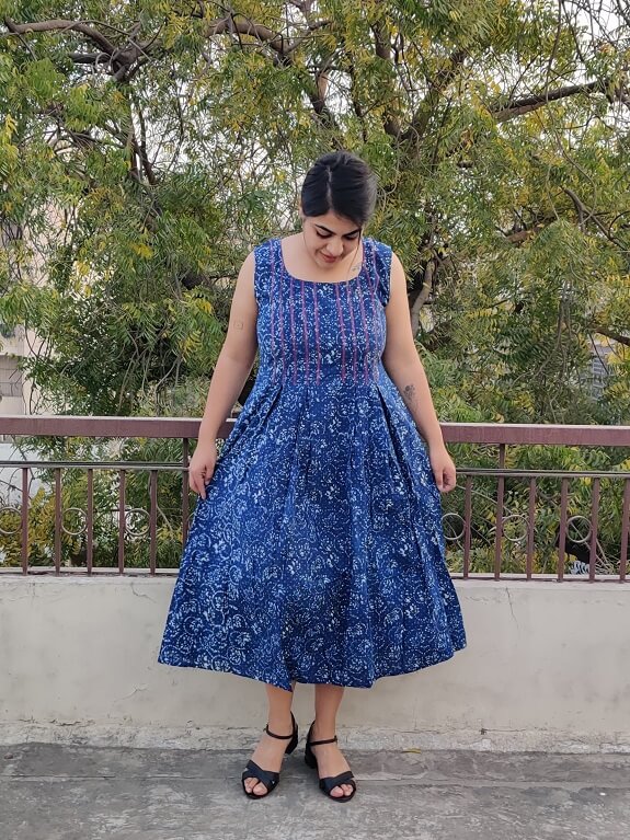 Blueberry Hand Block Printed Sleeveless Dress with Box Pleats