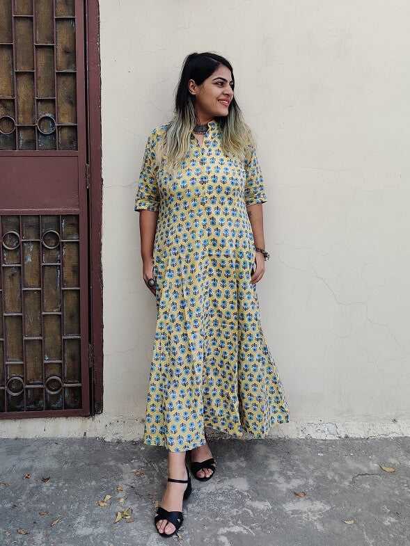 Yellow Grey Hand Block Printed A Line Maxi Shirt Dress