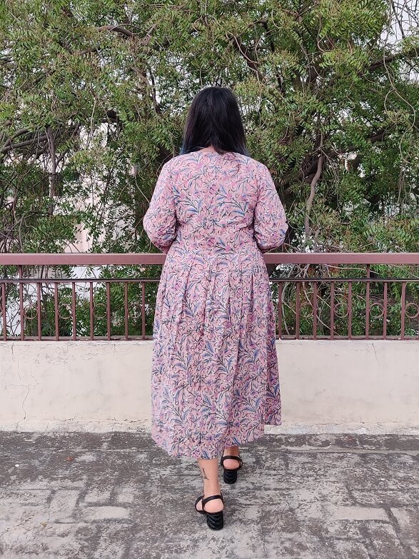Brown Purple Floral Hand Block Printed Midi Dress with Box Pleats