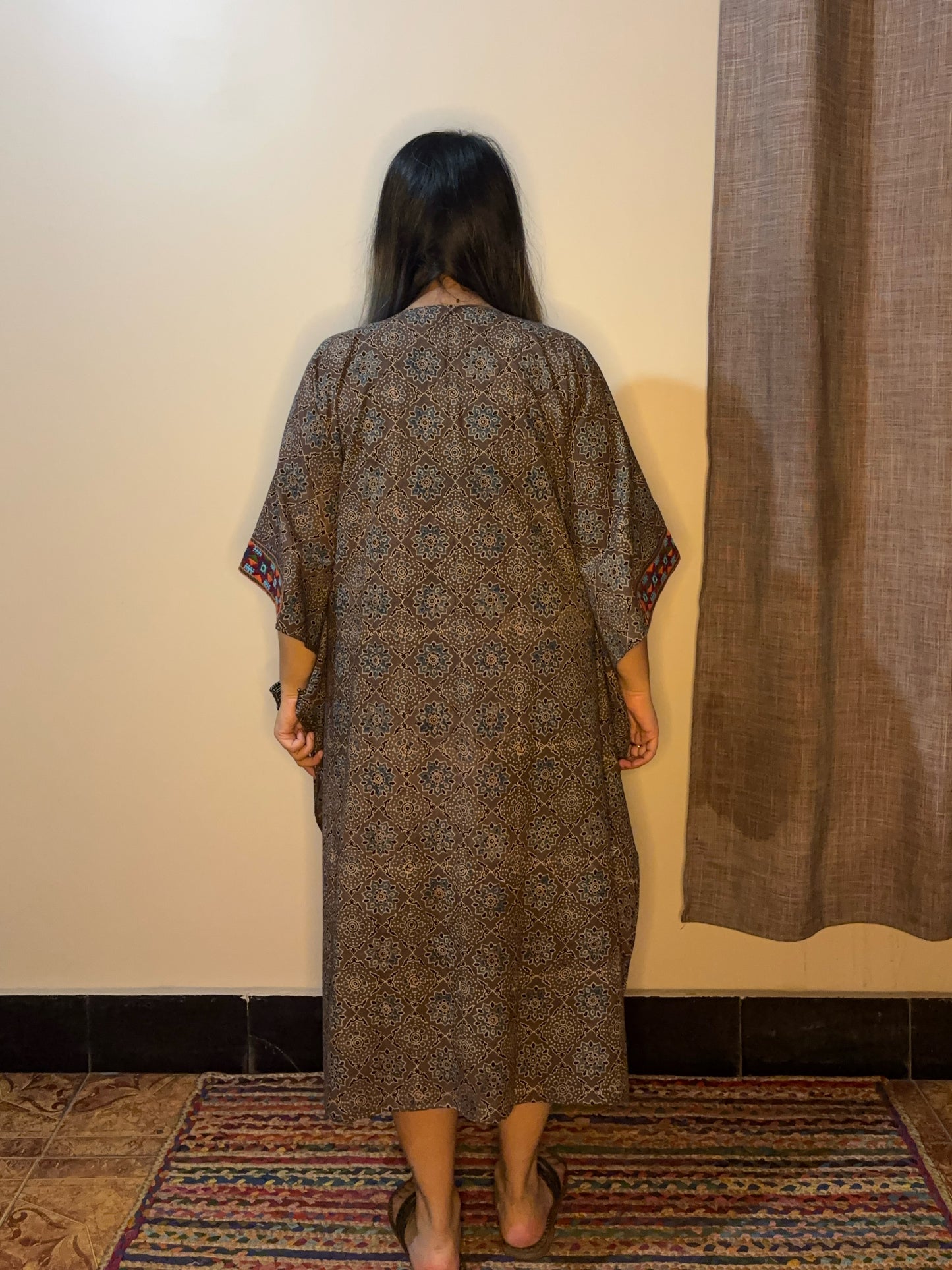Greyish Brown Ajrakh Hand Embroidered Patch Kaftan